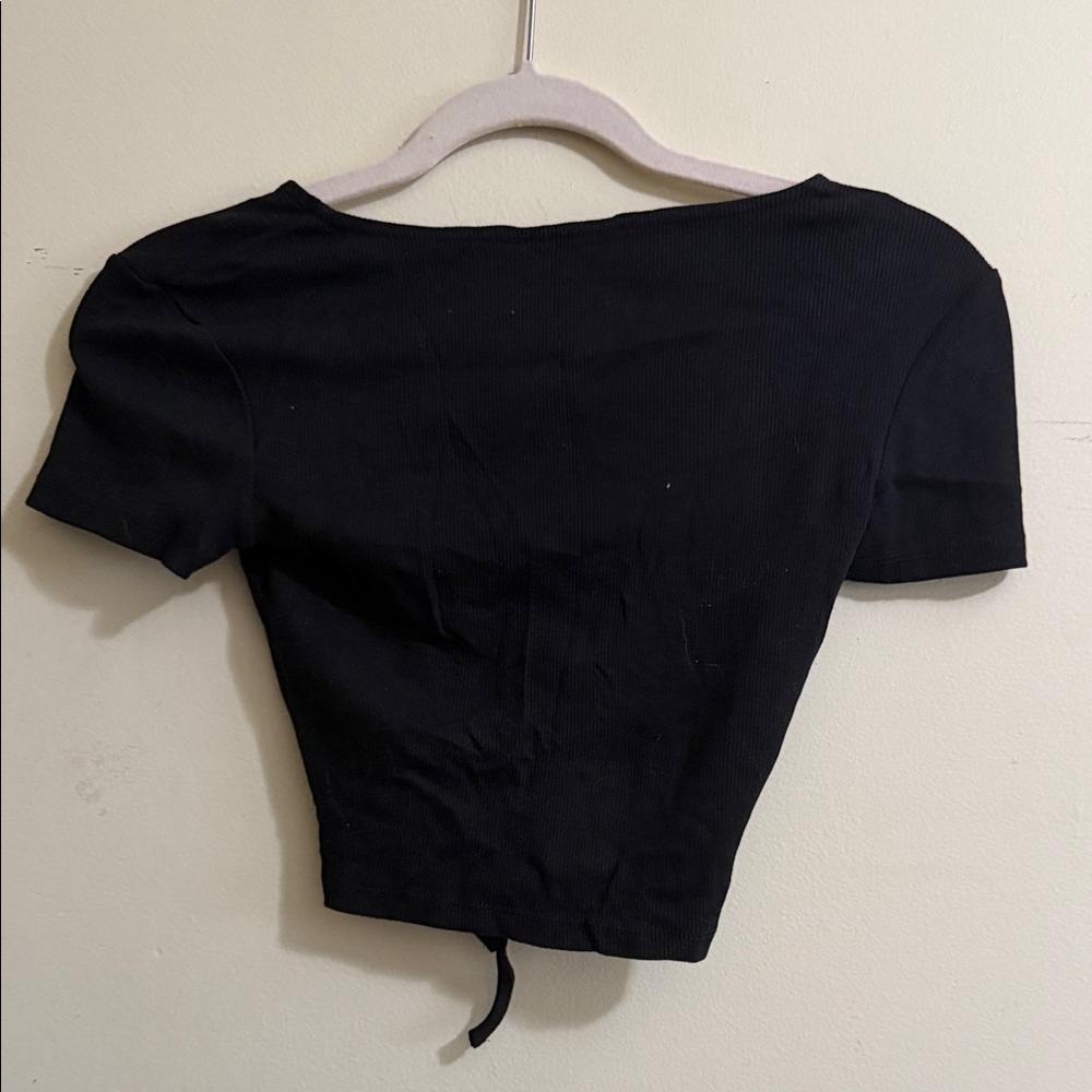 Zara Black Ruched Drawstring V-Neck Crop Top - Picture 2 of 4